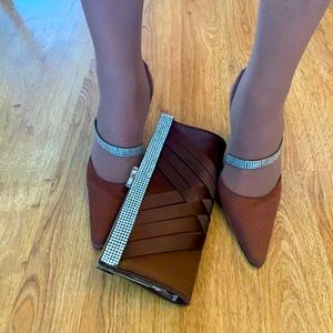Brown satin heels w/ rhinestones & matching purse